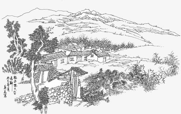 国画白描山村免抠
