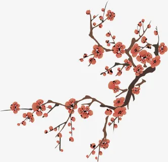 手绘红色梅花花枝免抠