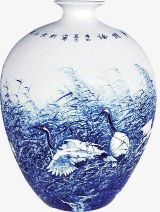 芦苇仙鹤水墨青花瓷瓶免扣png免抠