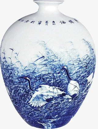 芦苇仙鹤水墨青花瓷瓶免扣png免抠