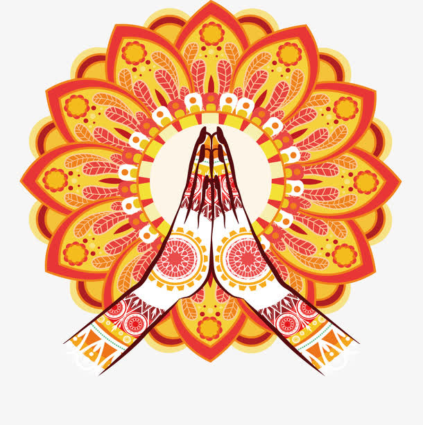 橘黄色宗教花纹合十礼免抠