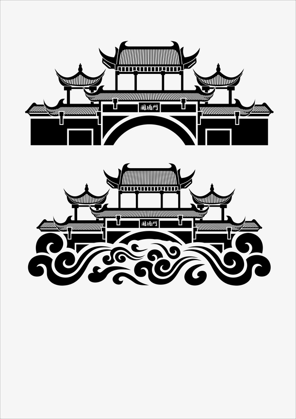 国酒门建筑简笔画免抠