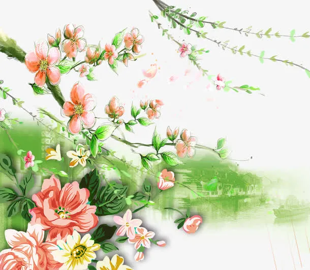 桃花绿水装饰免抠