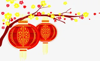 手绘新年黄粉色梅花灯笼免抠