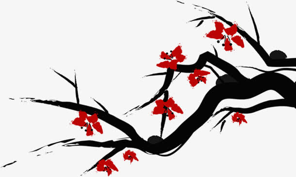 手绘黑色树枝红花免抠