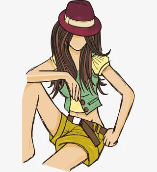 卡通手绘戴帽子长发性感美女免抠