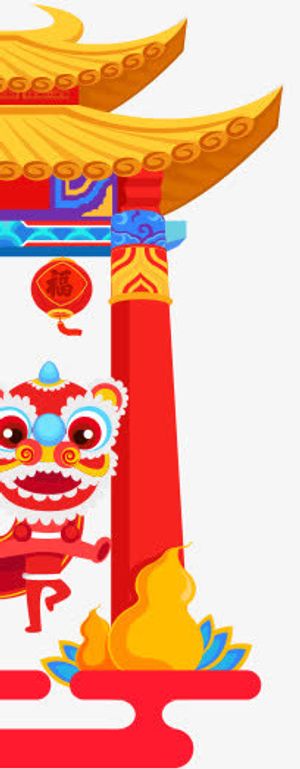 金色古代屋檐建筑舞狮免抠