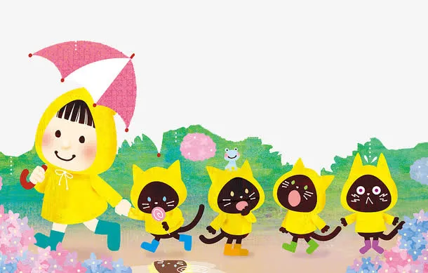 走在雨中的小女孩与小猫咪免抠