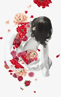 手绘牡丹花瓣绿体女子免抠