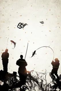 水墨简约钓鱼剪影宣传海报背景素材高清