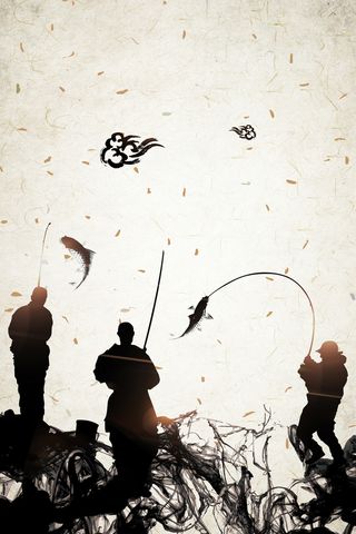 水墨简约钓鱼剪影宣传海报背景素材高清
