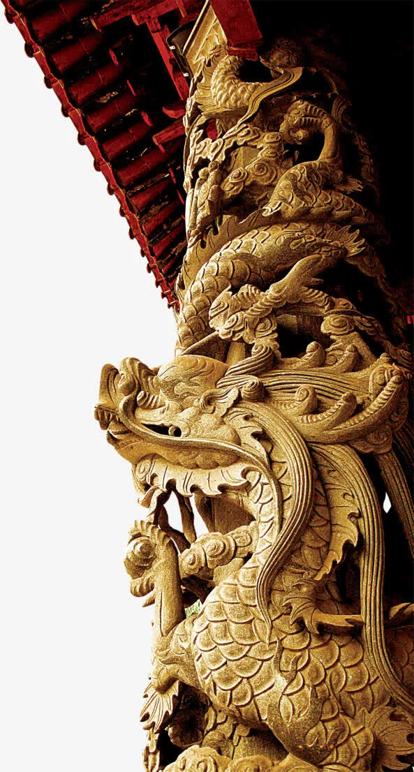 中国传统建筑石柱雕刻龙纹免抠