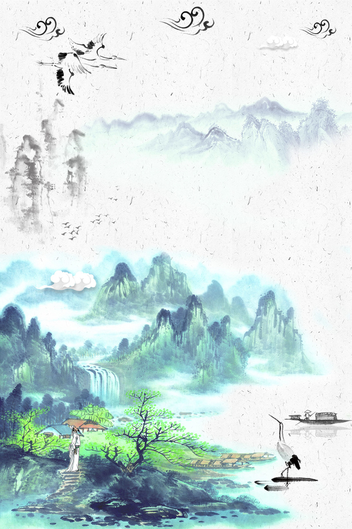 浅蓝色中国风传统节气春天群山背景高清