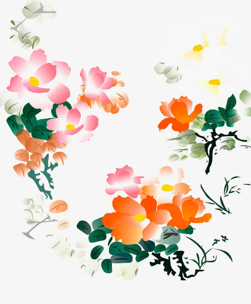 水粉牡丹彩绘底纹免抠