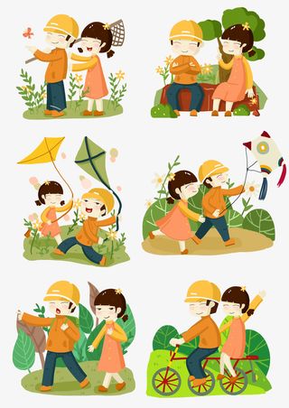 春天小孩子放风筝免抠手绘/卡通手绘元素
