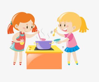 手绘卡通女孩学做饭免抠