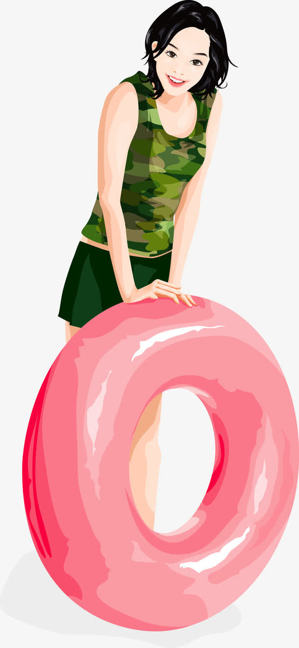 矢量手绘拿游泳圈的美女免抠