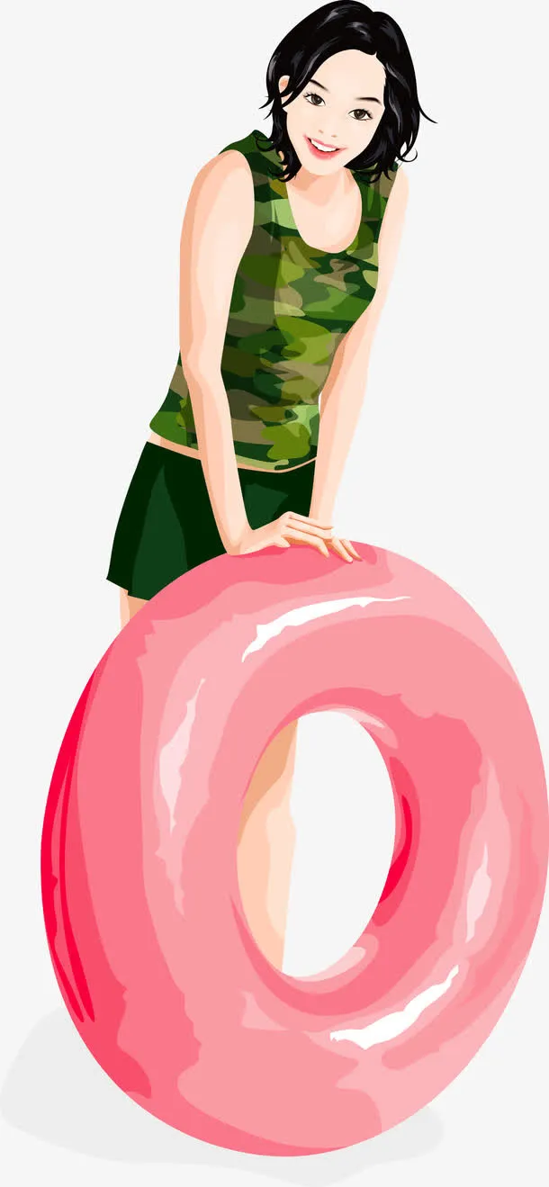 矢量手绘拿游泳圈的美女免抠