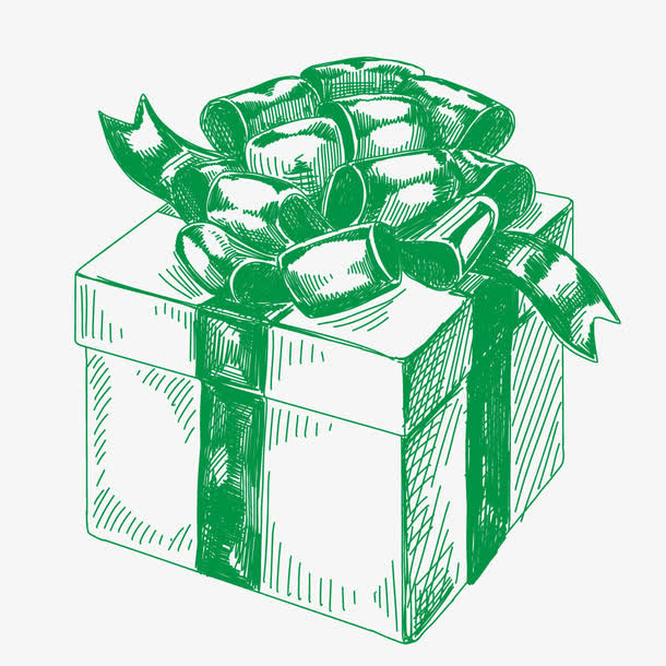 手绘绿色丝带礼盒素描免抠