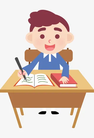 坐在课桌旁写字的学生免抠