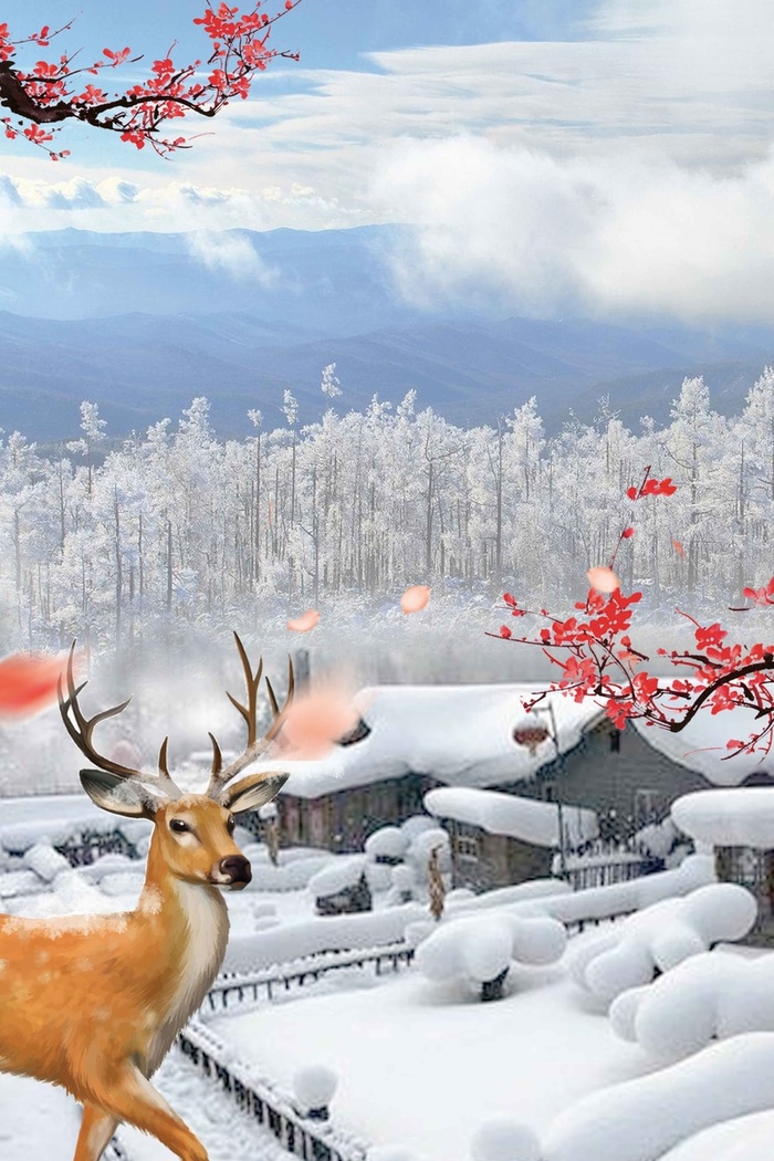 唯美雪乡白色简约旅游宣传psd高清