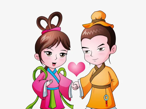 红黄色牵手的卡通牛郎织女免抠
