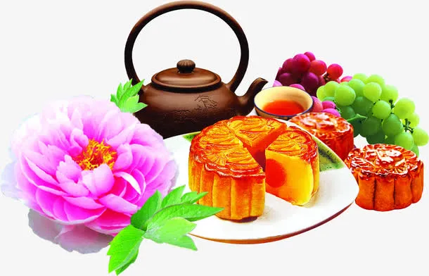 中秋节月饼茶壶花朵免抠
