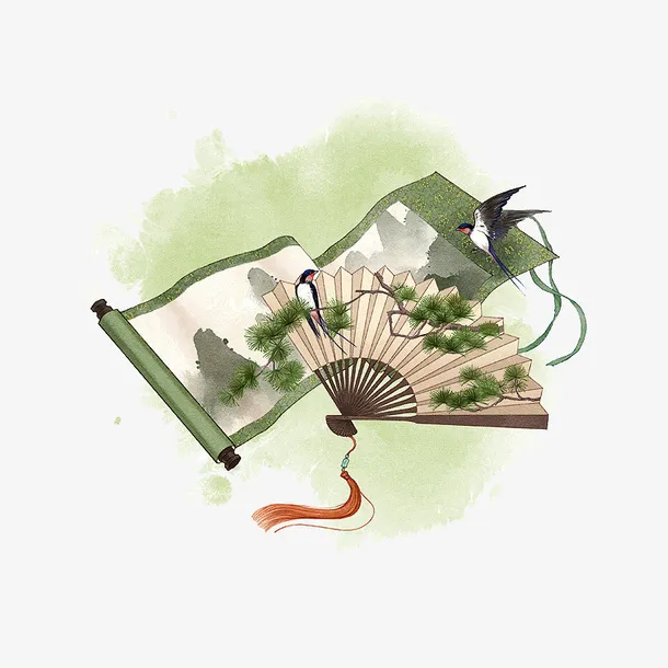 中国风手绘卷轴折扇免抠