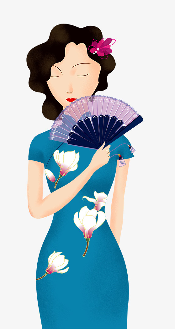 手绘穿旗袍的古典女人免抠