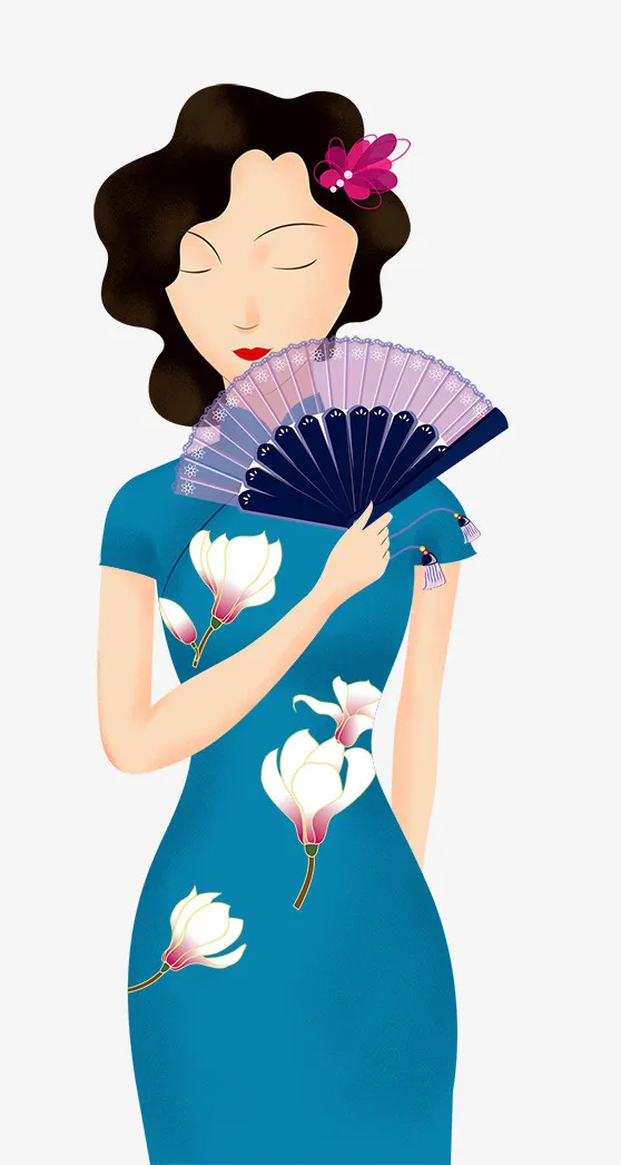 手绘穿旗袍的古典女人免抠