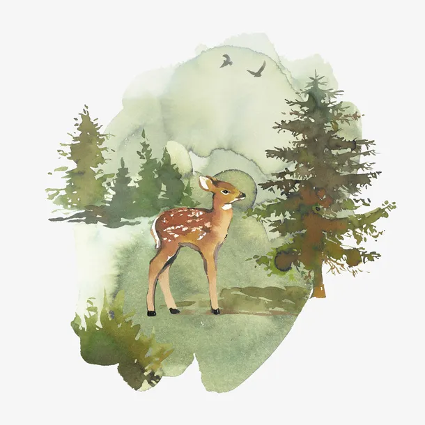 卡通手绘小鹿与植物免抠