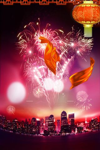 新年春节灯笼城市烟花高清
