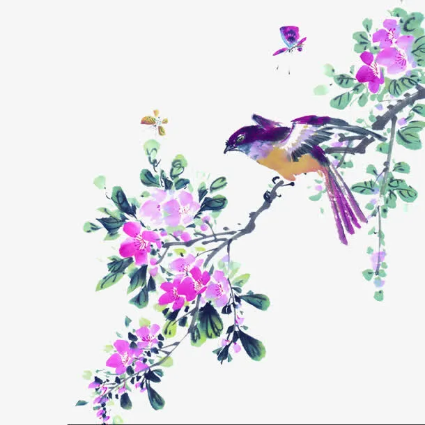 水墨画蓝色树枝小鸟免抠