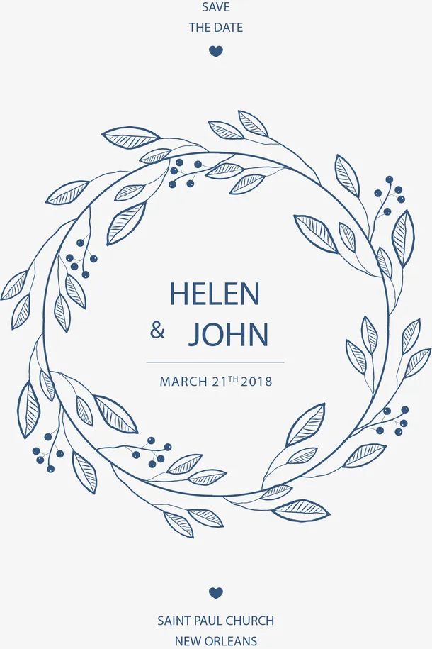 蓝色手绘婚礼花环免抠