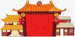 红色中国风古楼建筑免抠