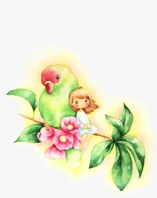 女孩鸟儿花朵树枝免抠