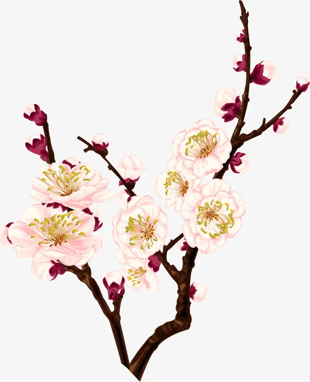 手绘粉色复古花朵树枝免抠