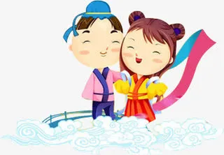 卡通牛郎织女踩祥云七夕免抠