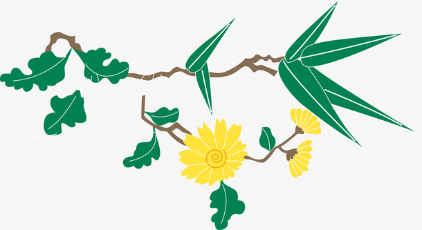 手绘矢量植物插图树枝叶与黄花免抠