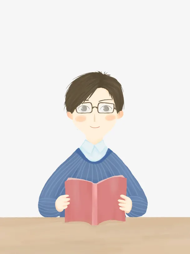 手绘卡通人物学生看书免抠