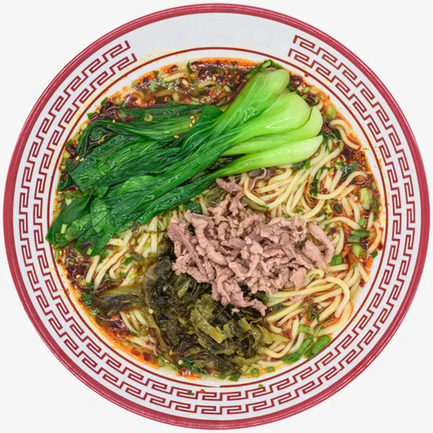 红色花纹碗中酸菜牛肉丝面免抠