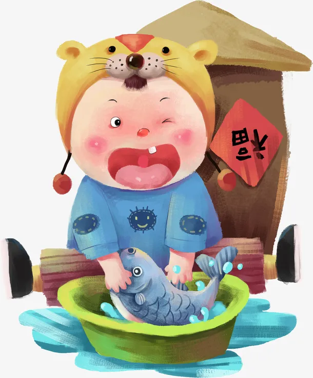 卡通新年杀鱼人物素材免抠