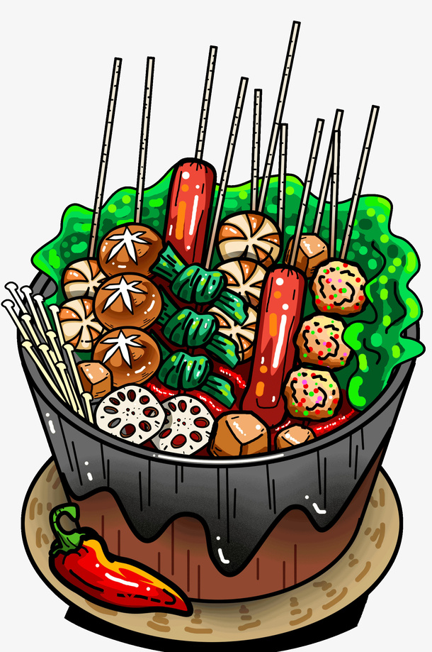 手绘火锅串串美食聚餐插画免抠