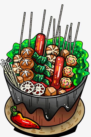 手绘火锅串串美食聚餐插画免抠