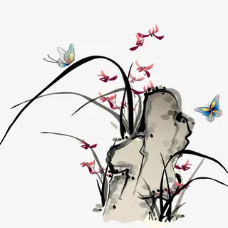 中国风水墨山水花草蝴蝶免抠