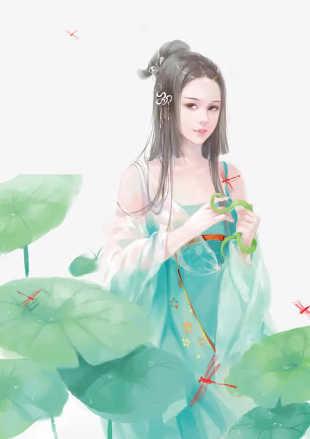 荷叶红花女子古风立绘免抠