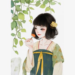 中国风手绘插画拿花的美女免抠