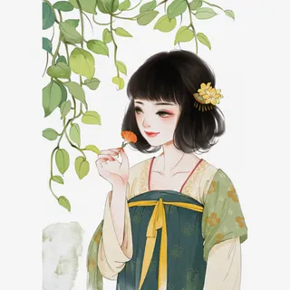 中国风手绘插画拿花的美女免抠