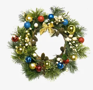 实物彩色铃铛装饰松叶花圈免抠