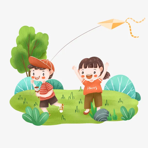 春天外出踏青郊游放风筝的小朋友免抠